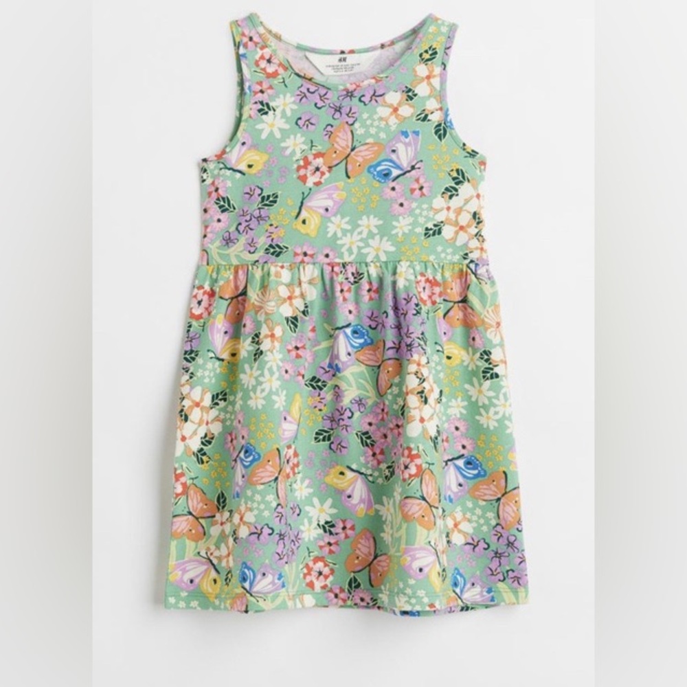 H&M Girls‎ Floral Butterfly Print Dress Size 8-10Y Green Spring Summer Cotton
